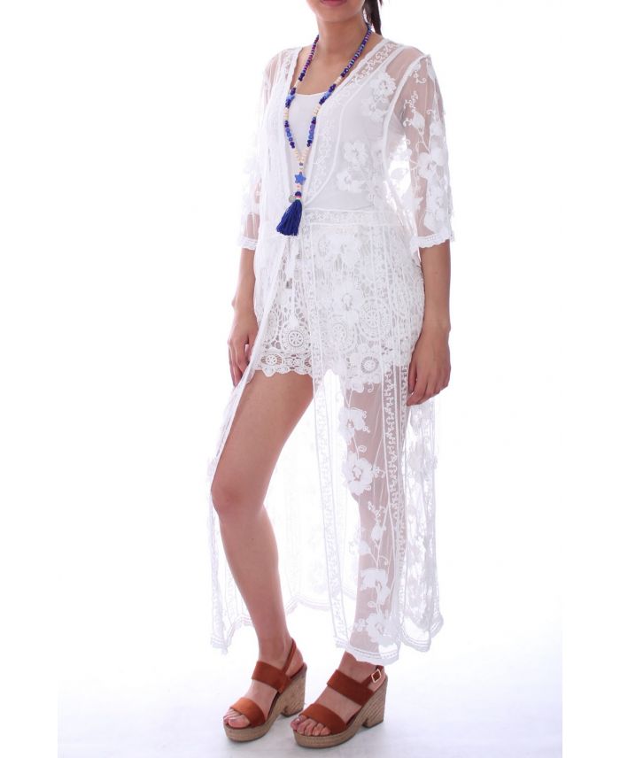 GILET LONG DENTELLE 0029 BLANC BOHEME www.grossiste pret a porter