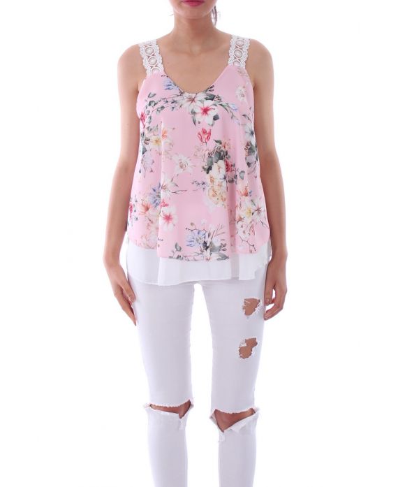 TOP DENTELLE ET FLEURS 0086 ROSE