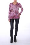 T-SHIRT MET BLOEMEN DETAIL-ZILVER 0278 BORDEAUX