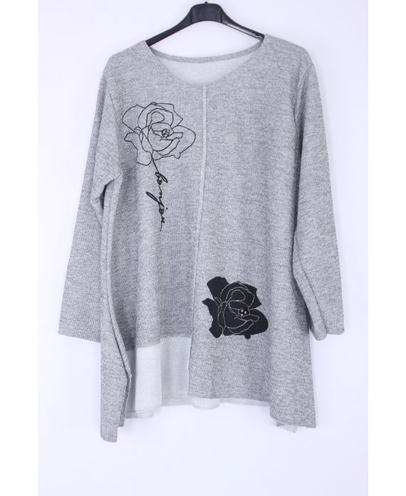 LARGE SIZE SWEATER FLOWERS RHINESTONE 0349 GREY