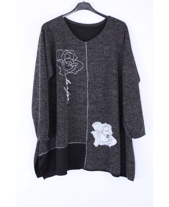 LARGE SIZE SWEATER FLOWERS RHINESTONE 0349 BLACK