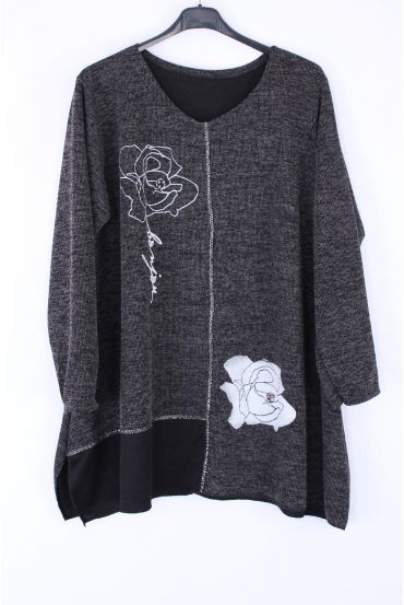 LARGE SIZE SWEATER FLOWERS RHINESTONE 0349 BLACK