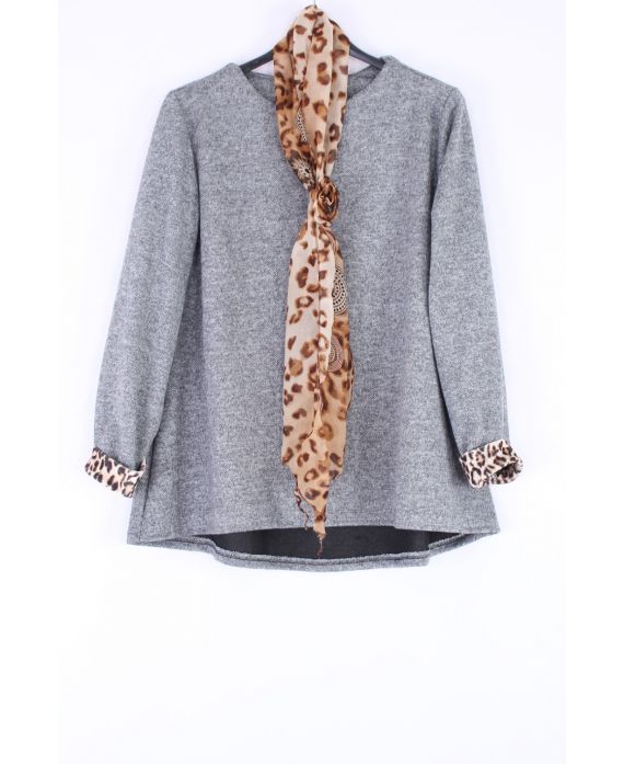 DUŻY ROZMIAR SWETER + SZALIK LEOPARD 0388 SZARY