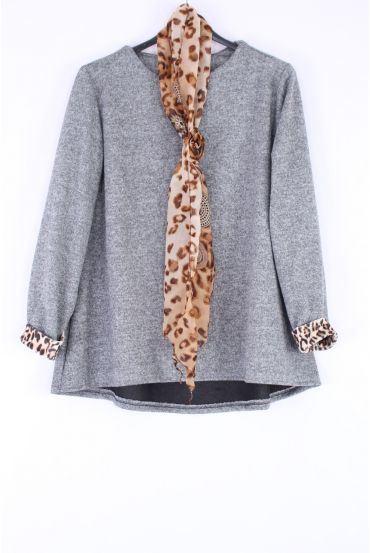 DUŻY ROZMIAR SWETER + SZALIK LEOPARD 0388 SZARY