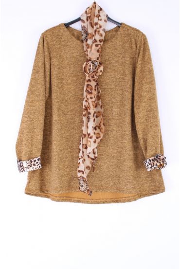 DUŻY ROZMIAR SWETER + SZALIK LEOPARD 0388 MUSZTARDY