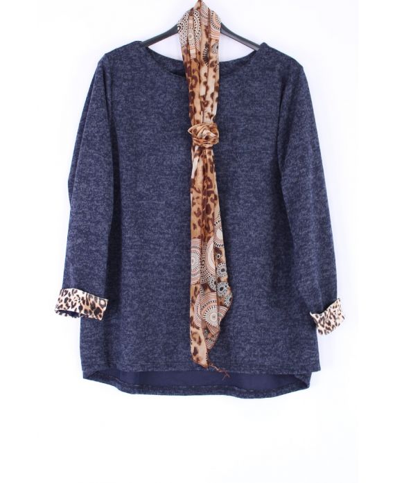 DUŻY ROZMIAR SWETER + SZALIK LEOPARD 0388 NIEBIESKI