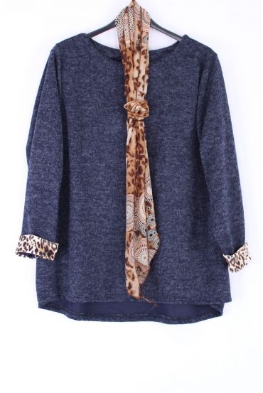 DUŻY ROZMIAR SWETER + SZALIK LEOPARD 0388 NIEBIESKI