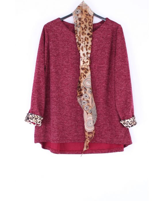 GRANDE TAILLE PULL + FOULARD LEOPARD 0401 BORDEAUX