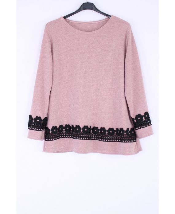 GRANDE TAILLE PULL BASE DENTELLE 0372 ROSE