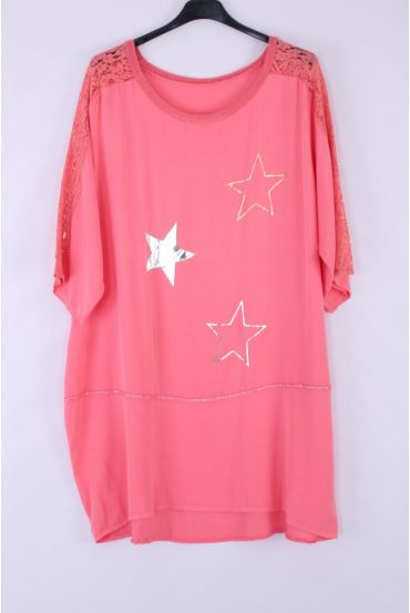 LARGE SIZE TUNIC TOP LACE STARS 0544 CORAL