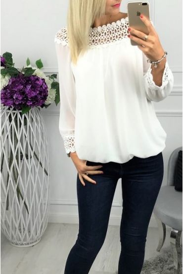 BLUSA DE ESCOTE DE ENCAJE 0518 BLANCO