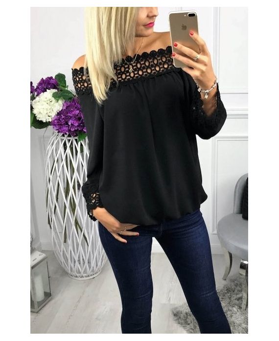 BLOUSE HEEFT EEN V-HALS KANT 0518 ZWART