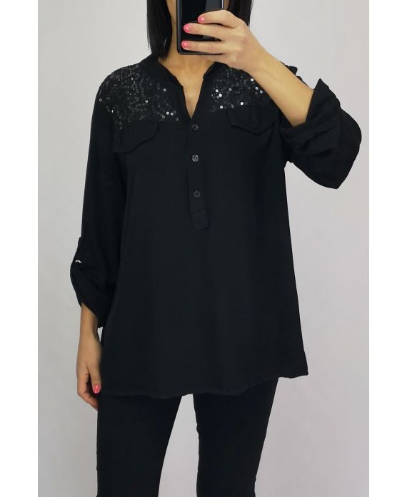 BLOUSE PAILLETE KANT 0554 ZWART