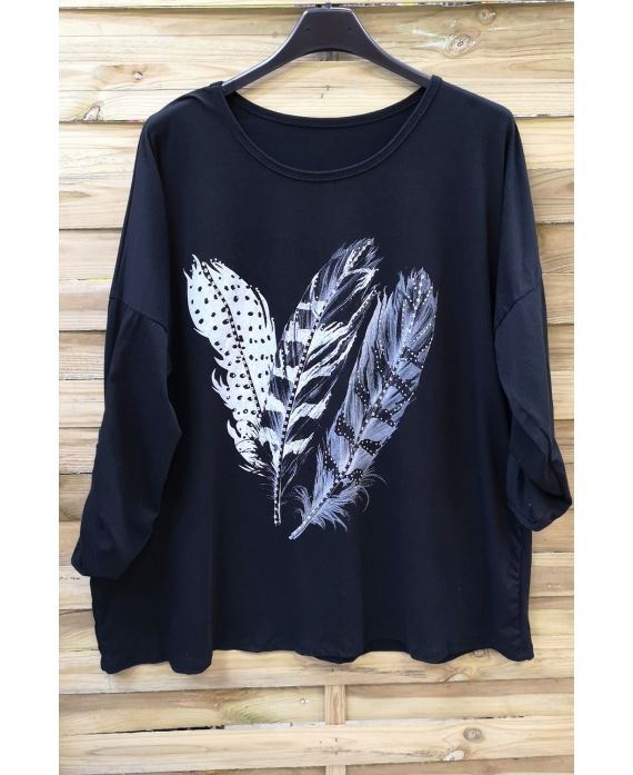 LARGE SIZE TUNIC FEATHER RHINESTONE 0575 BLACK