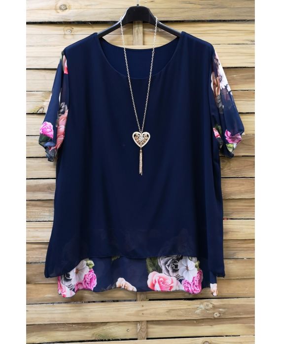 LARGE SIZE TUNIC CLOAKING SUPERPOSEE + NECKLACE 0608 NAVY BLUE