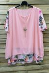 LARGE SIZE TUNIC CLOAKING SUPERPOSEE + NECKLACE 0608 PINK