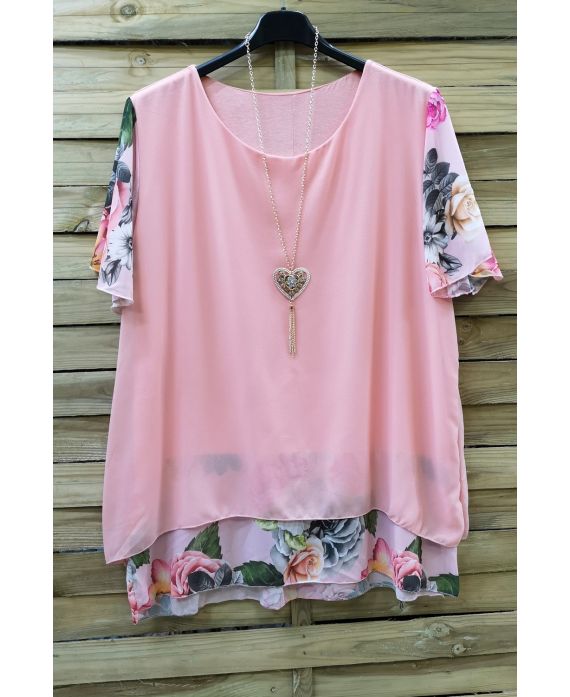 LARGE SIZE TUNIC CLOAKING SUPERPOSEE + NECKLACE 0608 PINK