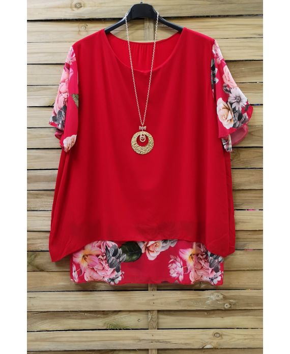 GRANDE TAILLE TUNIQUE VOILAGE SUPERPOSEE + COLLIER 0608 ROUGE