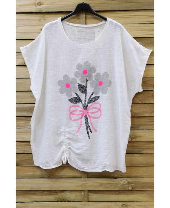 LARGE SIZE T-SHIRT FLOWERS 0700 WHITE