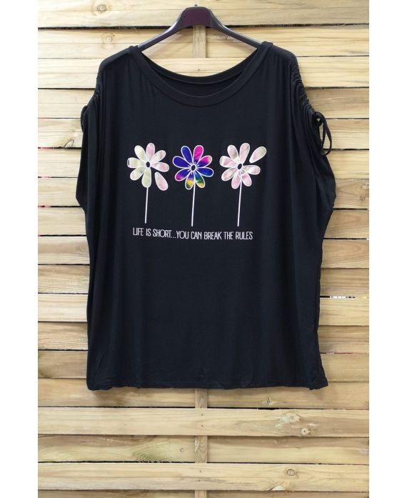 LARGE SIZE T-SHIRT FLOAGE FLOWERS 0787 BLACK