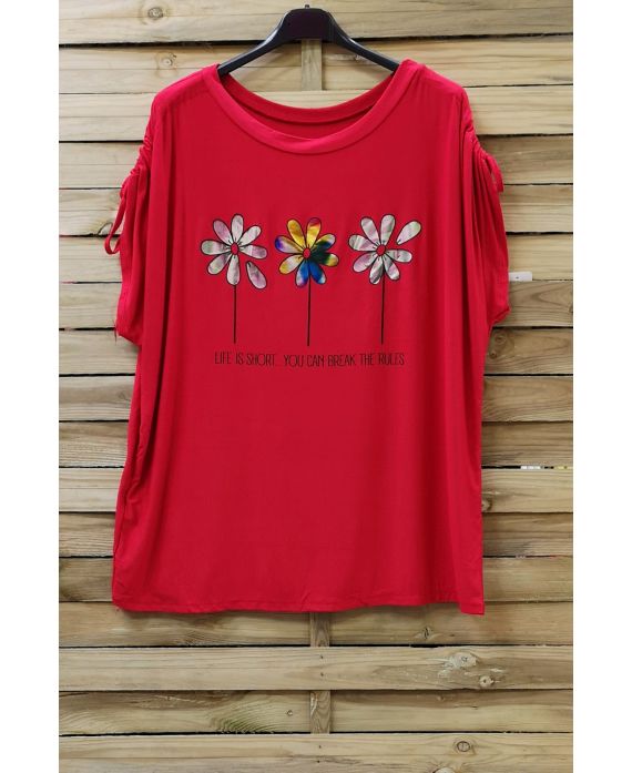 LARGE SIZE T-SHIRT FLOAGE FLOWERS 0787 RED