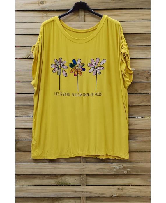 LARGE SIZE T-SHIRT FLOAGE FLOWERS 0787 YELLOW