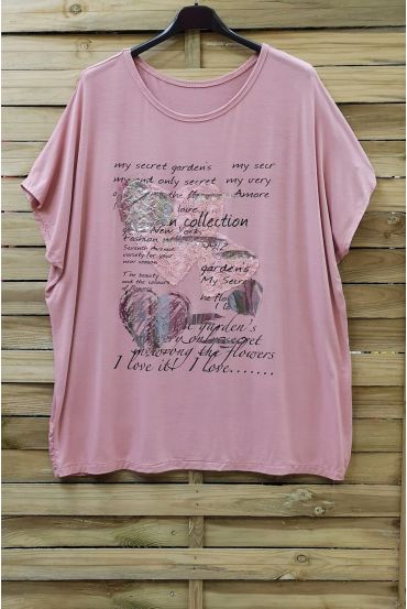 LARGE SIZE T-SHIRT FLOCKING LACE 0784 PINK