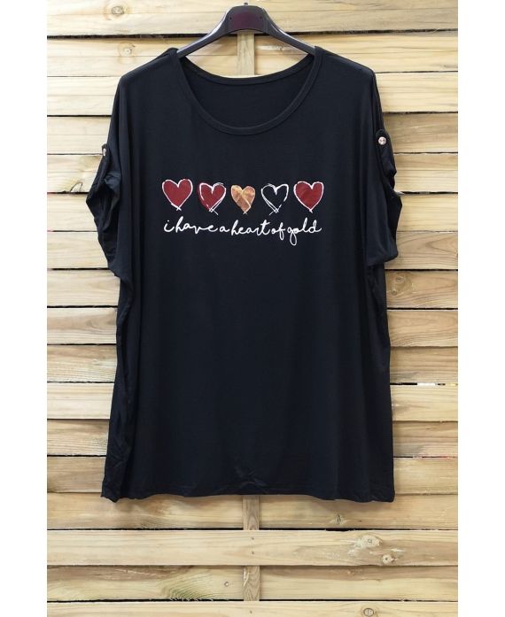 LARGE SIZE T-SHIRT HEART 0781 BLACK