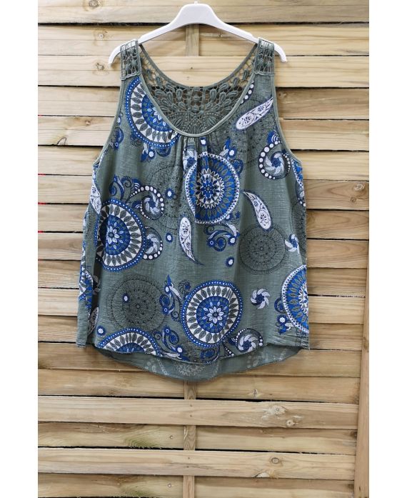 TOP IN LINO SCHIENA IN PIZZO 0868 VERDE MILITARE