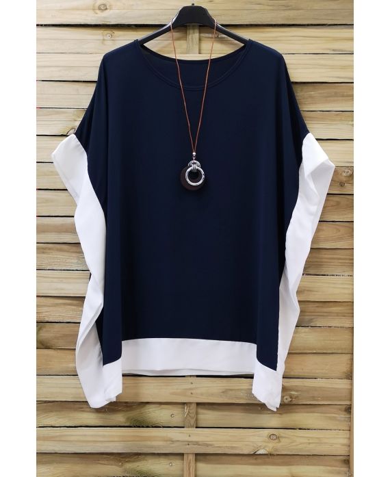 GRANDE TAILLE TUNIQUE BI-COLORE + COLLIER 0872 BLEU MARINE