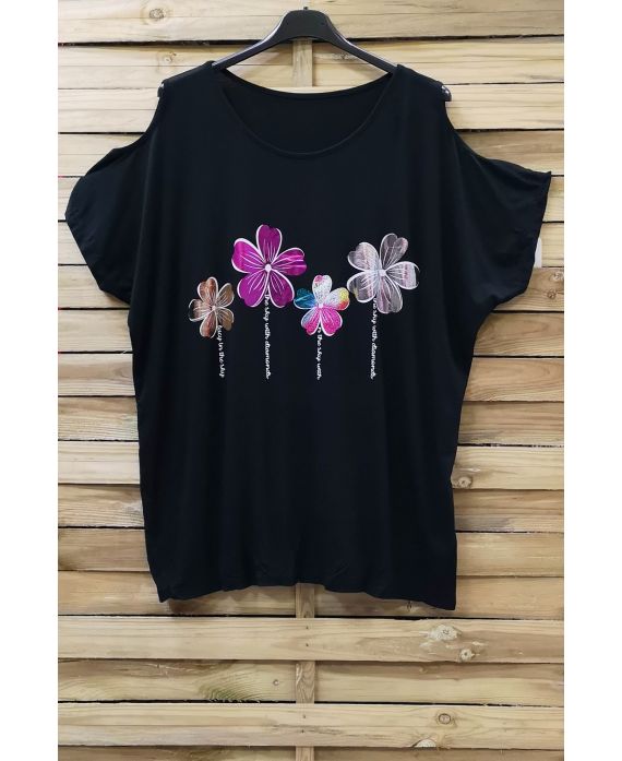 LARGE SIZE T-SHIRT FLOCKING AND SHOULDERS OPEN 0871 BLACK