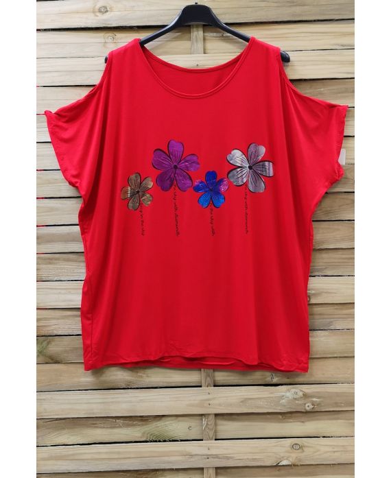 GRANDE TAILLE T-SHIRT FLOCAGE EPAULES OUVERTES 0871 ROUGE