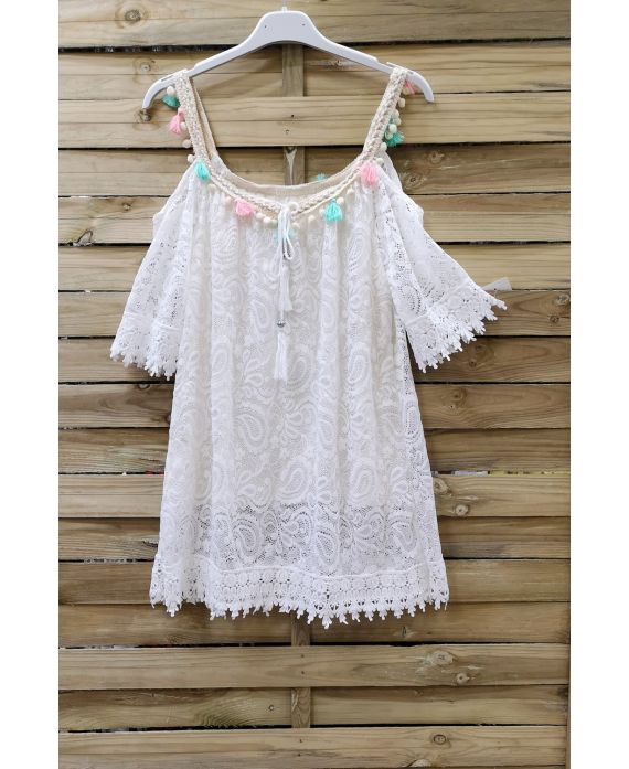 TUNIC LACE AND POM-POMS 0977 WHITE