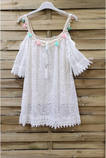 TUNIC LACE AND POM-POMS 0977 WHITE