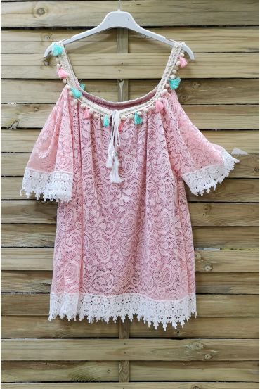TUNICA IN PIZZO E POM-POMS 0977 ROSA