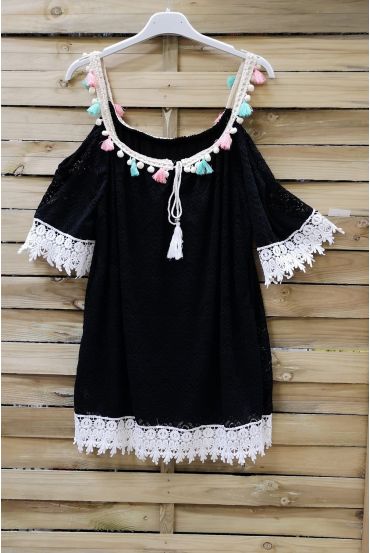 TUNIC LACE AND POM-POMS 0977 BLACK