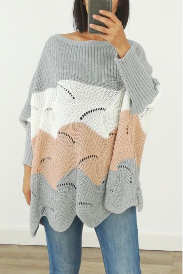 PULLOVER WOLLE AJOURE OVERSIZE-3017 GRAU
