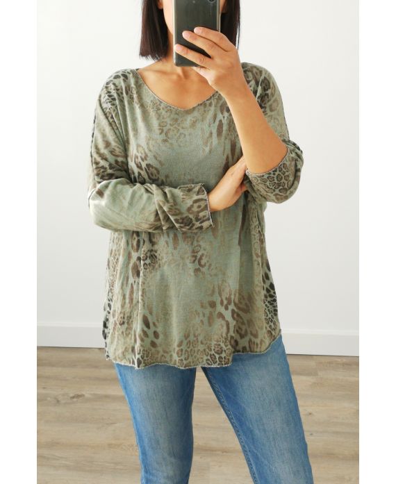 PULL AMPLE MOTIF LEOPARD COL IRISE 3020 VERT MILITAIRE