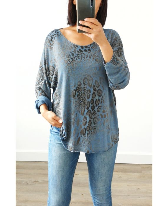 PULL AMPLE MOTIF LEOPARD COL IRISE 3020 BLEU