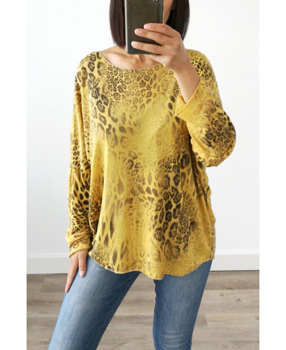 PULLOVER GESCHNITTEN-MUSTER LEOPARD KRAGEN IRISE 3020 SENF