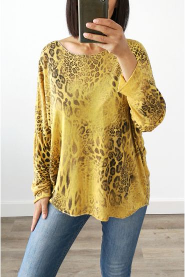 PULLOVER GESCHNITTEN-MUSTER LEOPARD KRAGEN IRISE 3020 SENF