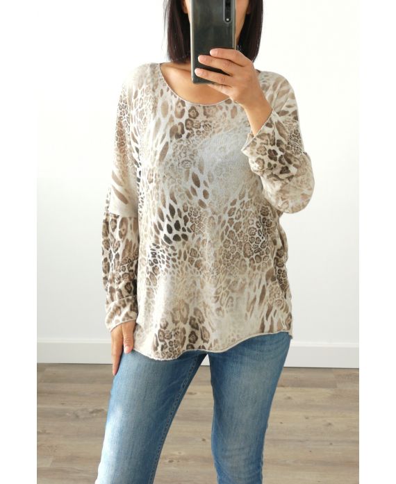 PULLOVER GESCHNITTEN-MUSTER LEOPARD KRAGEN IRISE 3020 BEIGE