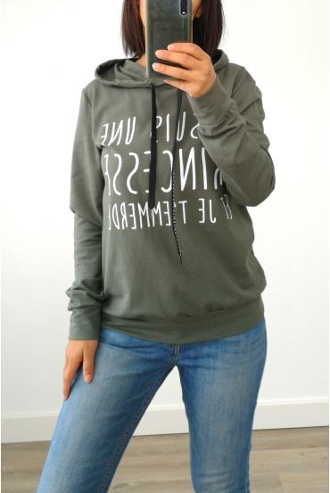 SWEAT A CAPUCHE JE SUIS UNE PRINCESSE 3004 VERT MILITAIRE