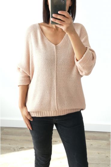 PULL EN MAILLE COL V 3019 ROSE