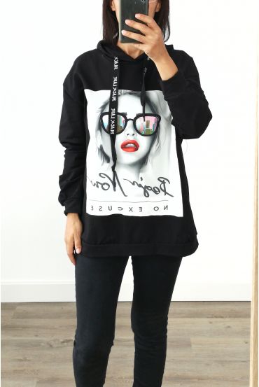 SWEATSHIRT MIT OVERSIZE KAPUZE HAT FRAU 3022 SCHWARZ