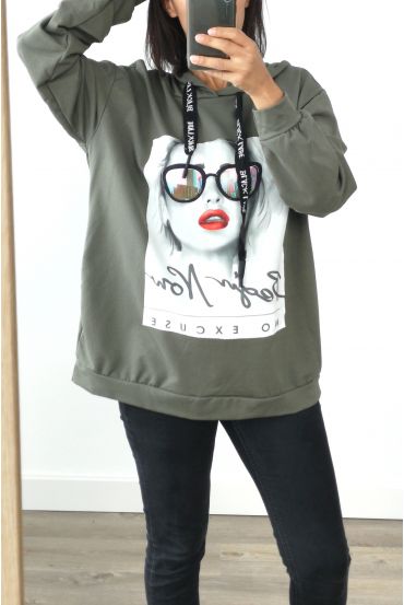 SWEAT OVERSIZE A CAPUCHE FEMME 3022 VERT MILITAIRE