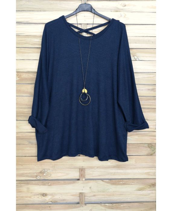 GRANDE TAILLE PULL DOS CROISE + COLLIER OFFERT 4020 BLEU MARINE