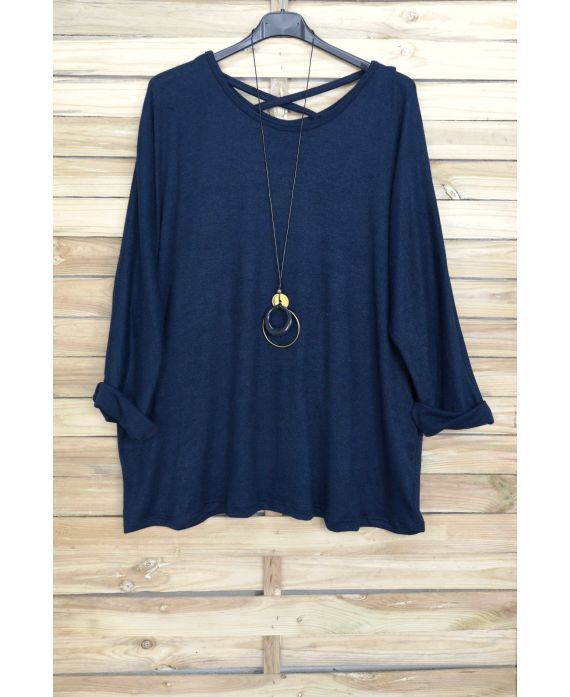LARGE SIZE SWEATER BACK CROSS + NECKLACE OFFERED 4020 NAVY BLUE