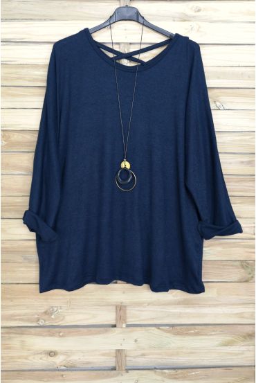 LARGE SIZE SWEATER BACK CROSS + NECKLACE OFFERED 4020 NAVY BLUE