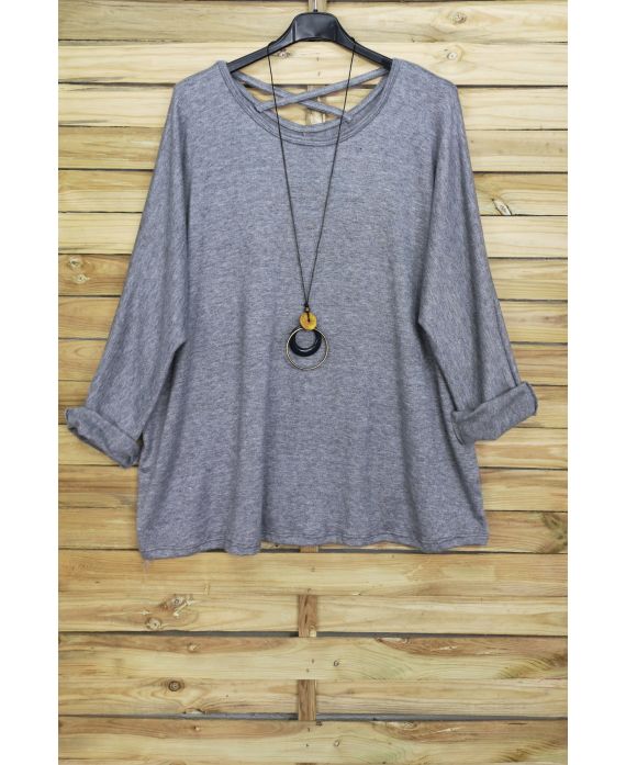 GRANDE TAILLE PULL DOS CROISE + COLLIER OFFERT 4020 GRIS